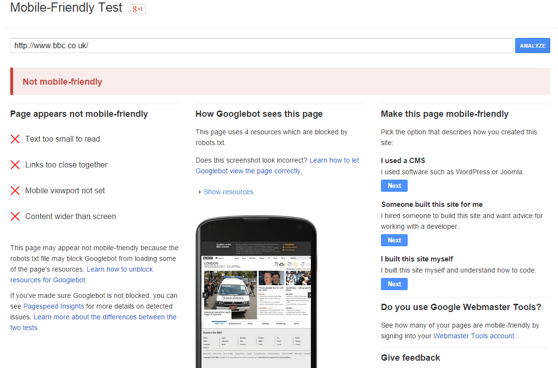 BBC mobile friendly test results by Hooper Design Gloucester