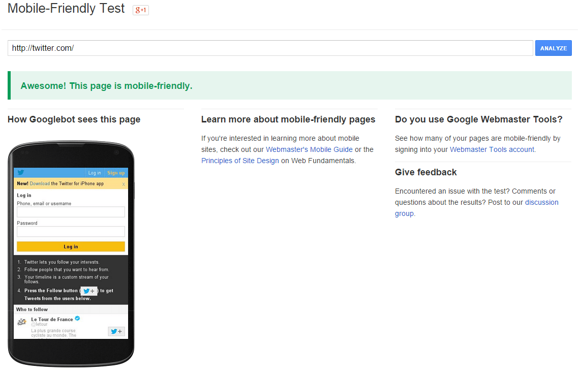 Twitter mobile friendly test results by Hooper Design Gloucester